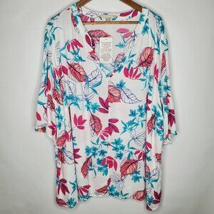 Woman Within Womens Colorful Floral Tunic Top 2X Bell Sleeve V Neck Beach Summer
